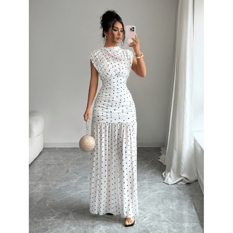 Elegant Polka Dot Ruched Waist Sleeveless Maxi Dress