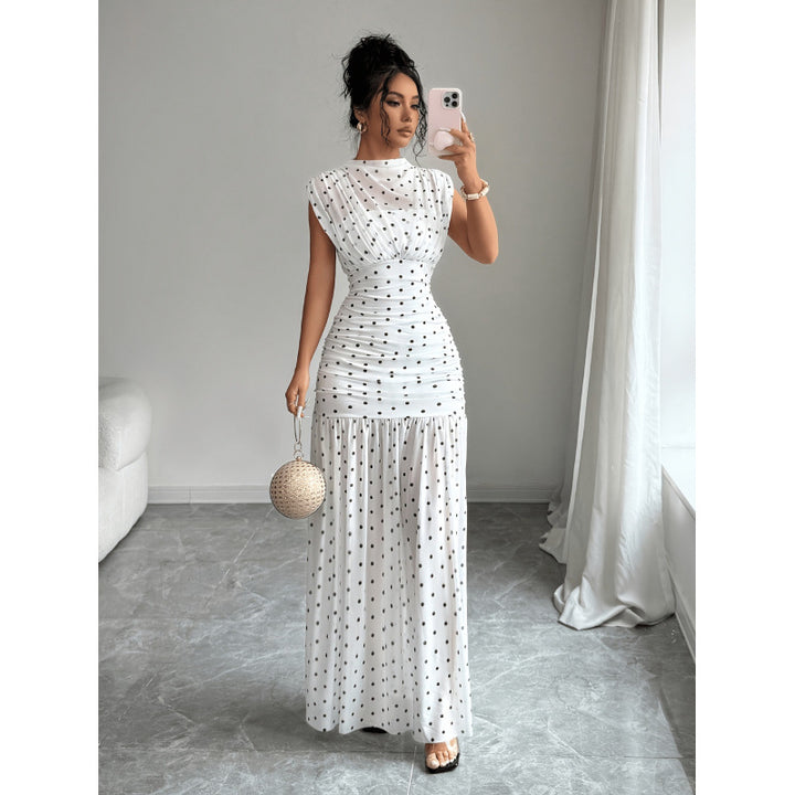 Elegant Polka Dot Ruched Waist Sleeveless Maxi Dress