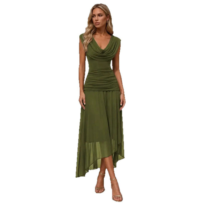 Elegant Cowl Neck Ruched Asymmetrical Mesh Maxi Dress