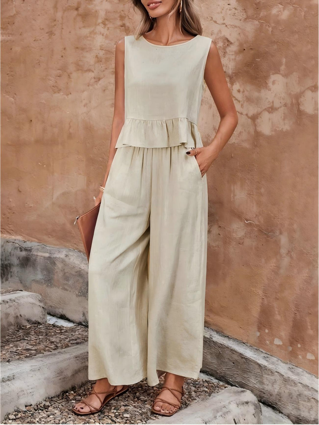 Women’s Ruffle Hem Sleeveless Top &amp; Wide-Leg Pants Set