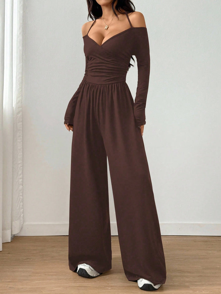 Women’s Off-Shoulder Ruched Wide-Leg Jumpsuit