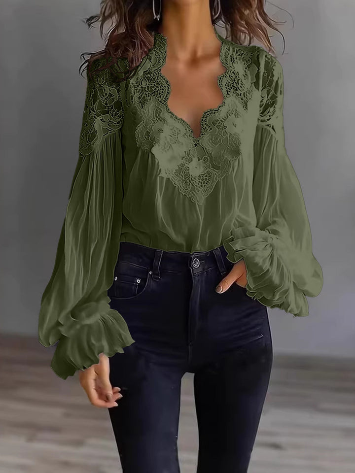Women’s Lace-Trim Puff Sleeve Pleated Blouse