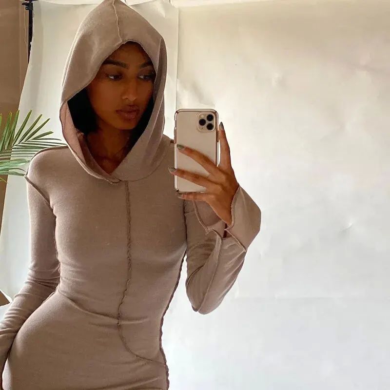 Women’s Contrast Seam Hooded Bodycon Maxi Dress