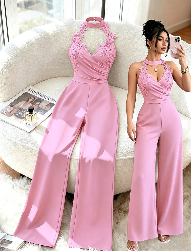 Elegant Lace Halter Deep V Wide-Leg Jumpsuit