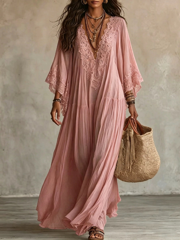 Boho Lace V-Neck Batwing Sleeve Maxi Dress