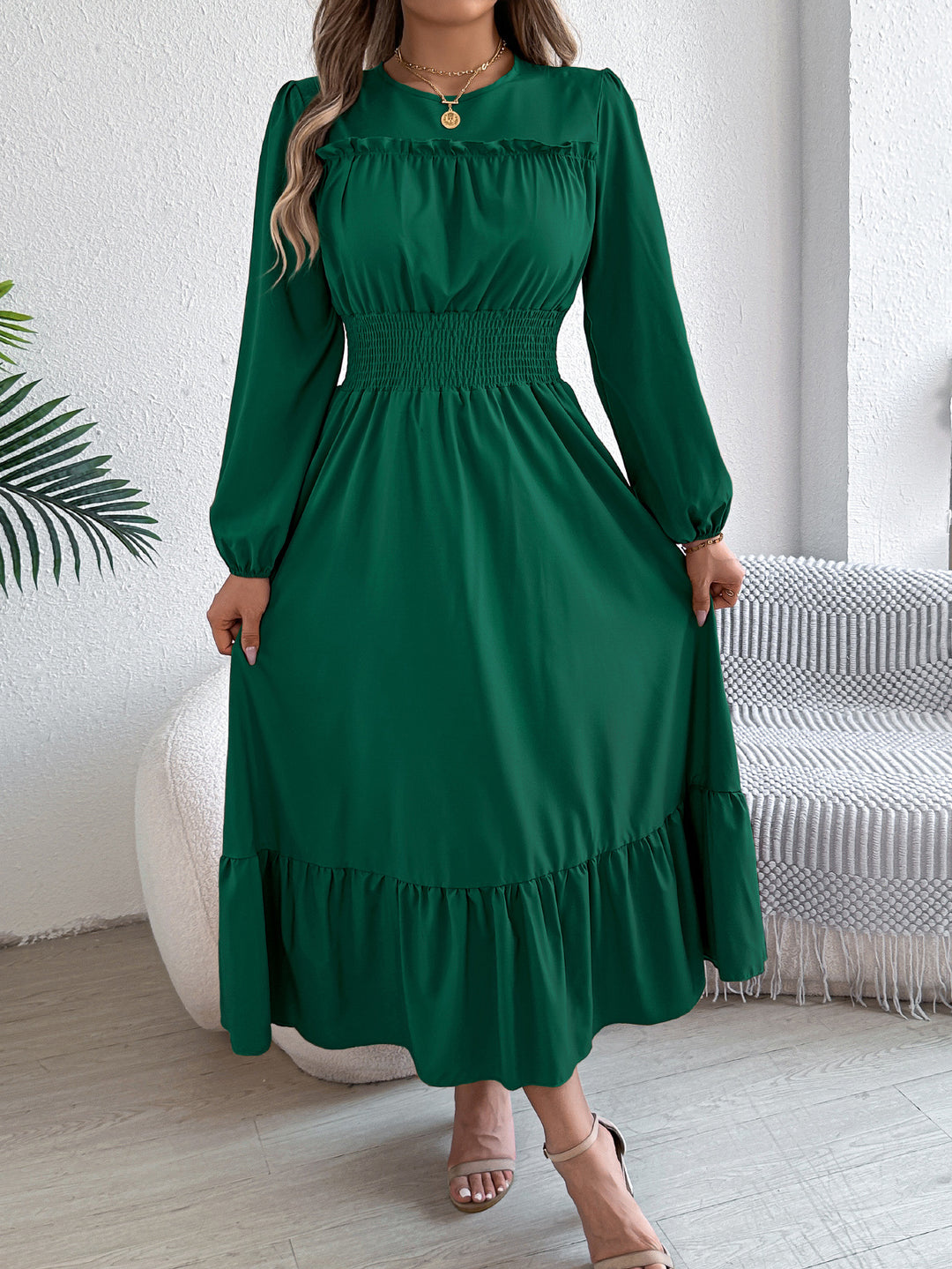 Elegant Smocked Waist Ruffle Hem Long Sleeve Midi Dress