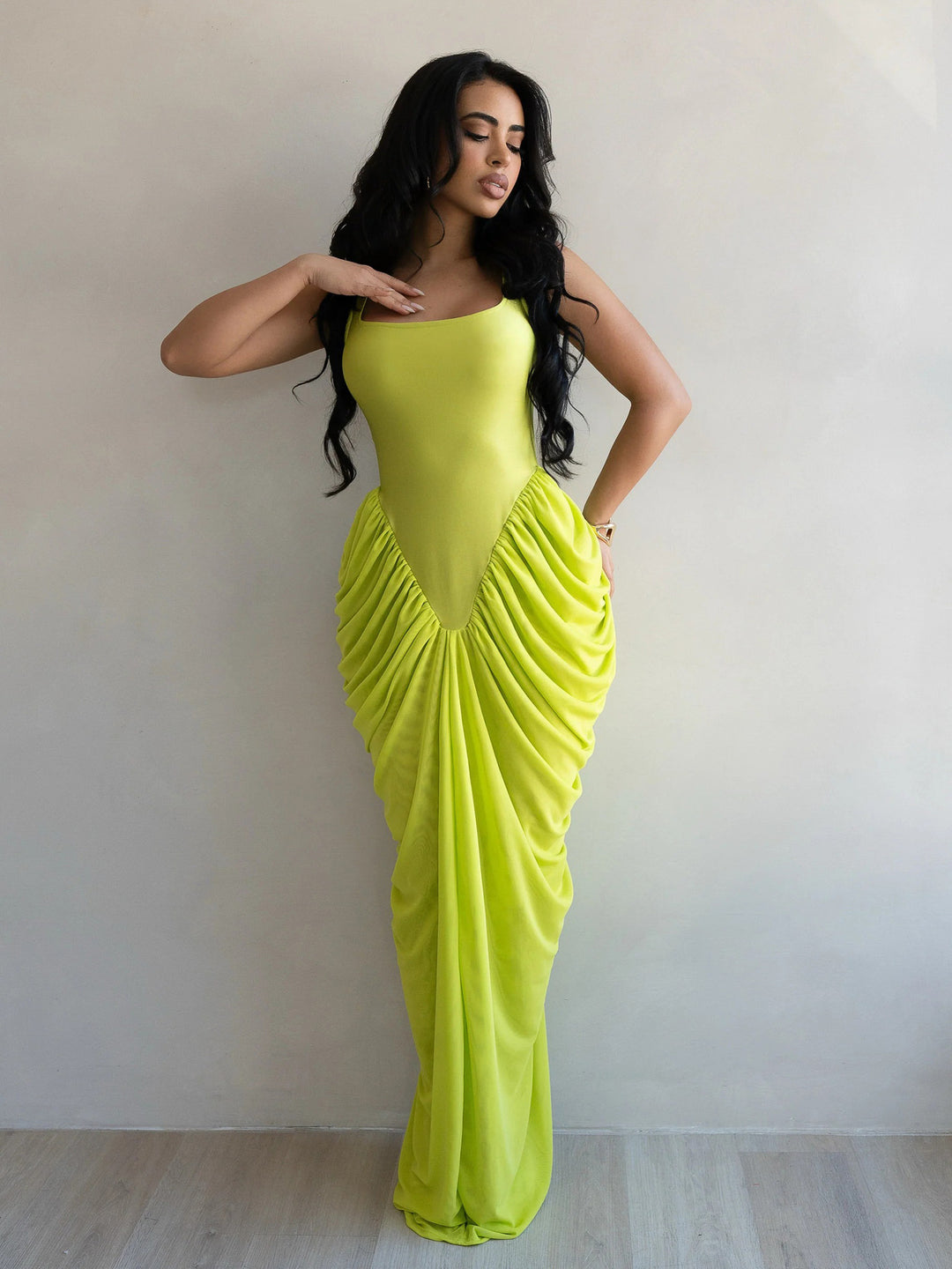 Elegant V-Waist Draped Ruched Chiffon Maxi Dress