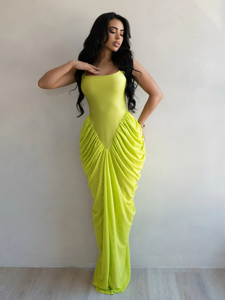 Elegant V-Waist Draped Ruched Chiffon Maxi Dress