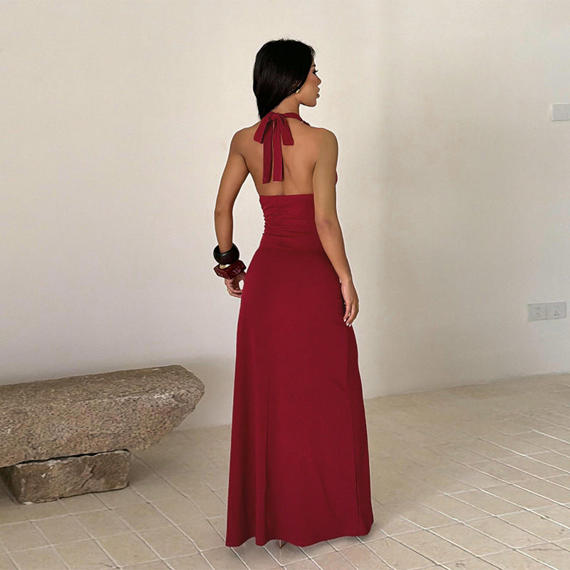 Elegant Halter Neck Ruched High-Slit Evening Maxi Dress