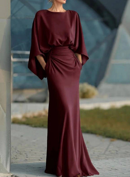 Elegant Backless Ruched Waist Draped Sleeve Maxi Dress
