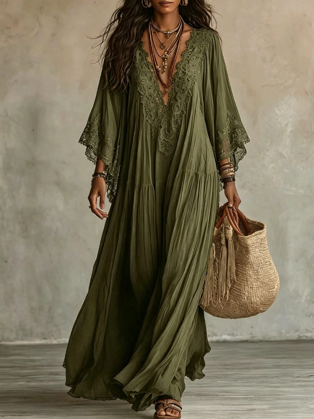 Boho Lace V-Neck Batwing Sleeve Maxi Dress