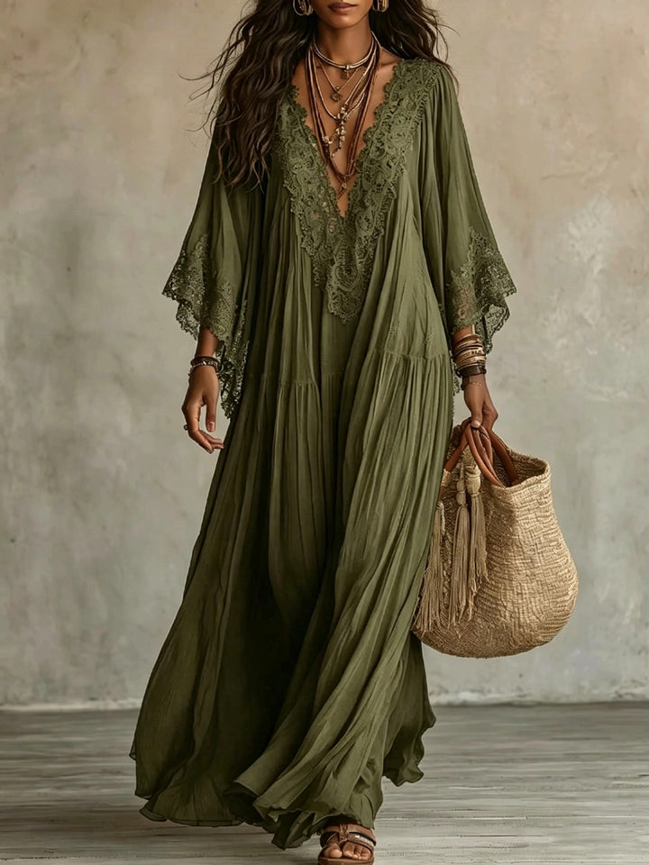 Boho Lace V-Neck Batwing Sleeve Maxi Dress