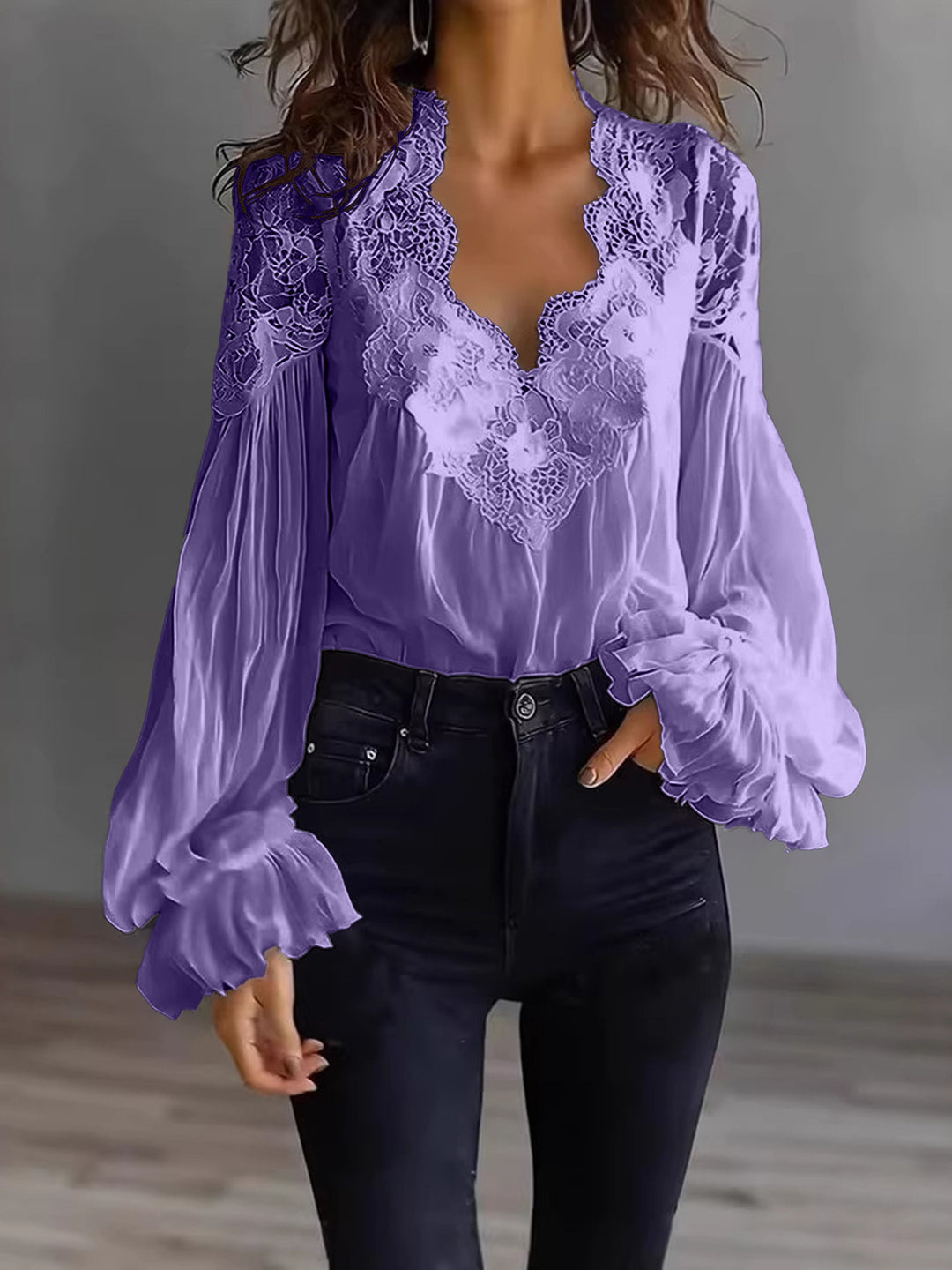 Women’s Lace-Trim Puff Sleeve Pleated Blouse
