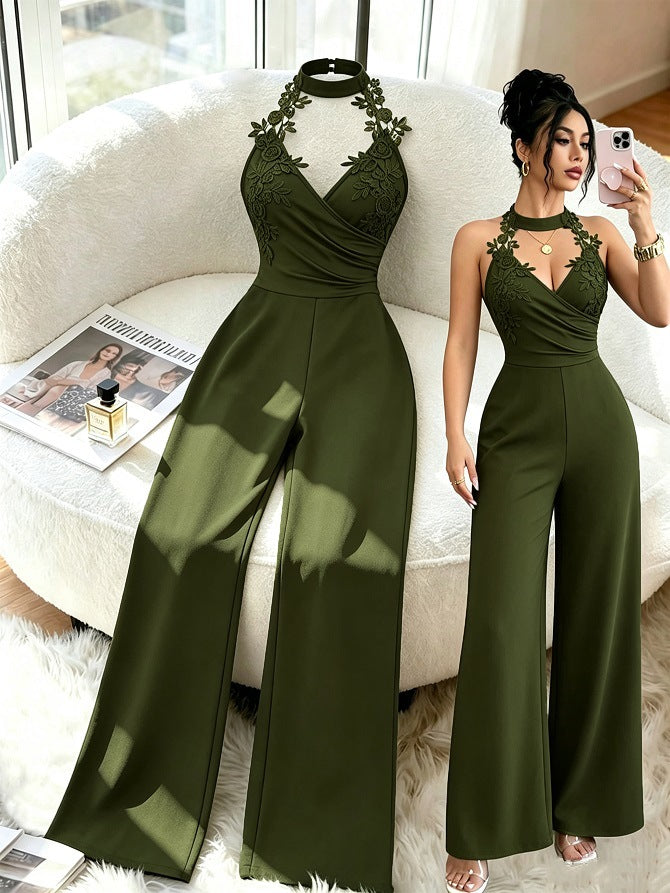 Elegant Lace Halter Deep V Wide-Leg Jumpsuit