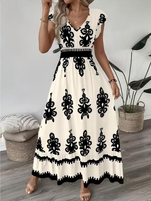 Boho Printed V-Neck Flutter Sleeve Flowy Maxi Dress