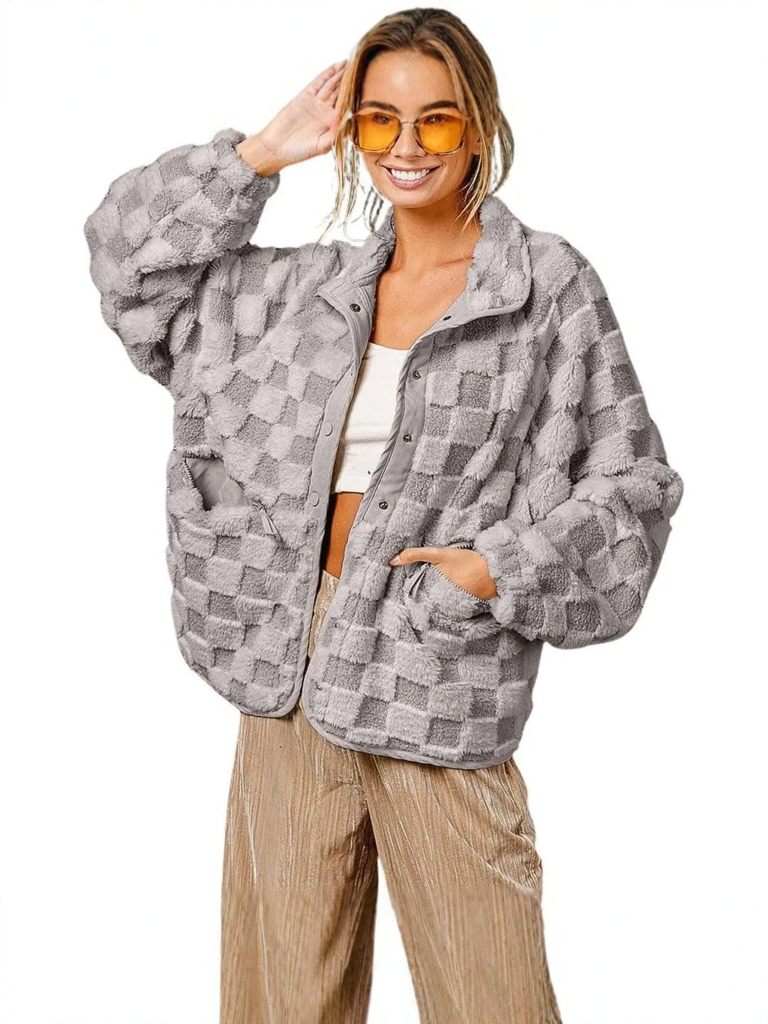 Cozy Checkered Plush Pocket Jacket