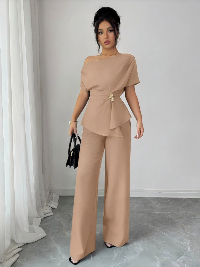 Elegant One-Shoulder Metal Accent Top &amp; Wide-Leg Pants Set