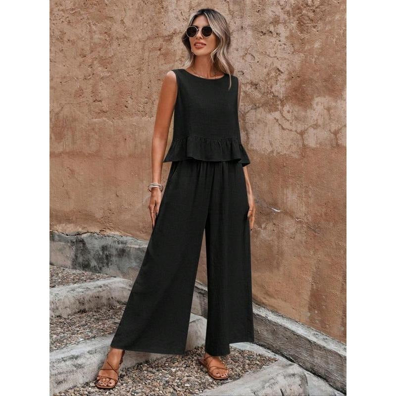 Women’s Ruffle Hem Sleeveless Top &amp; Wide-Leg Pants Set