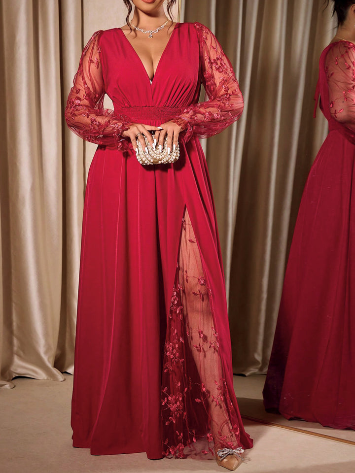 Elegant Deep V-Neck Lace Panel Long Sleeve Evening Maxi Dress