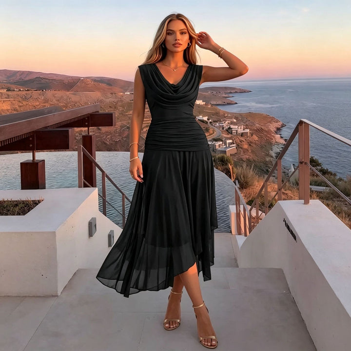Elegant Cowl Neck Ruched Asymmetrical Mesh Maxi Dress