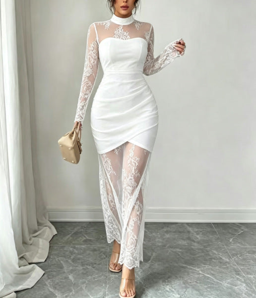 Elegant Sheer Lace Mock Neck Bodycon Maxi Dress