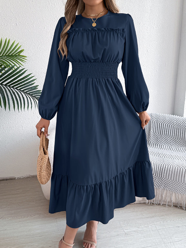 Elegant Smocked Waist Ruffle Hem Long Sleeve Midi Dress
