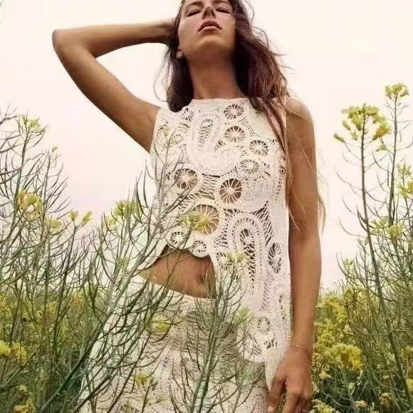 Asymmetrical Crochet Top &amp; Maxi Skirt Two-Piece Set