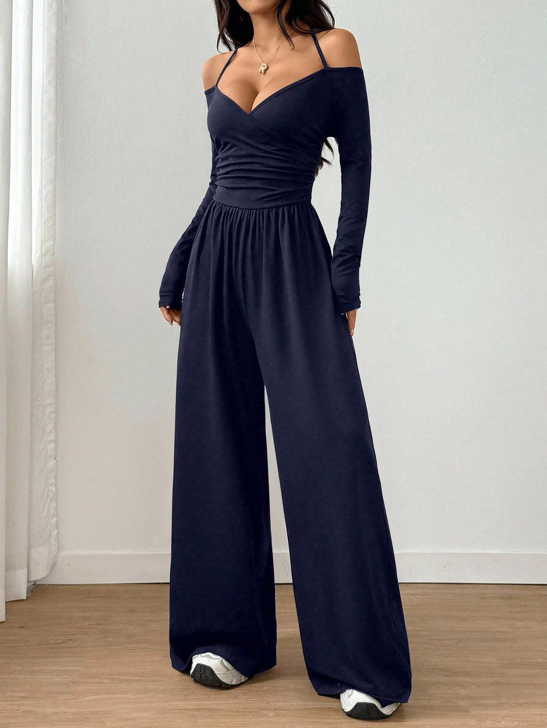 Women’s Off-Shoulder Ruched Wide-Leg Jumpsuit