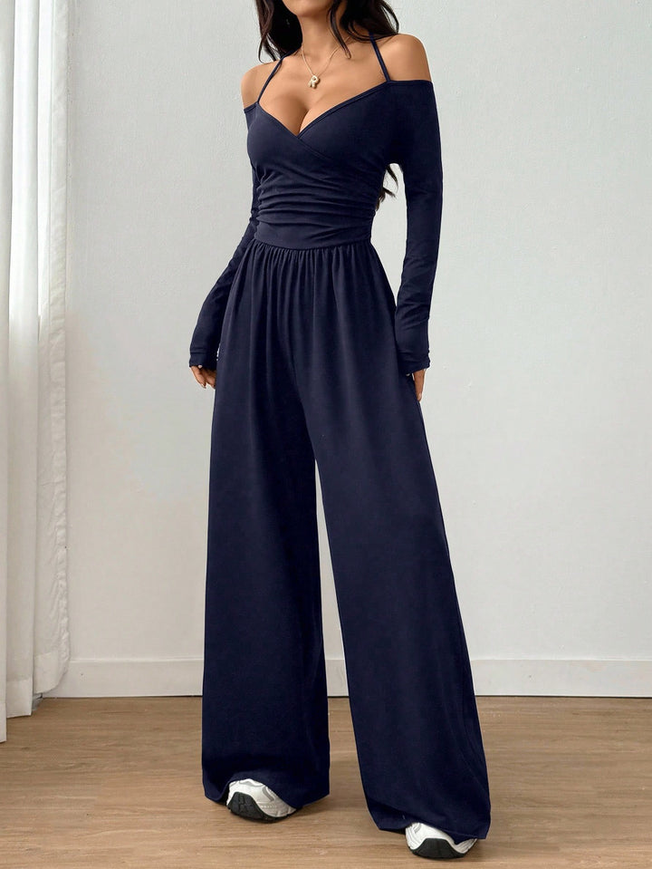 Women’s Off-Shoulder Ruched Wide-Leg Jumpsuit