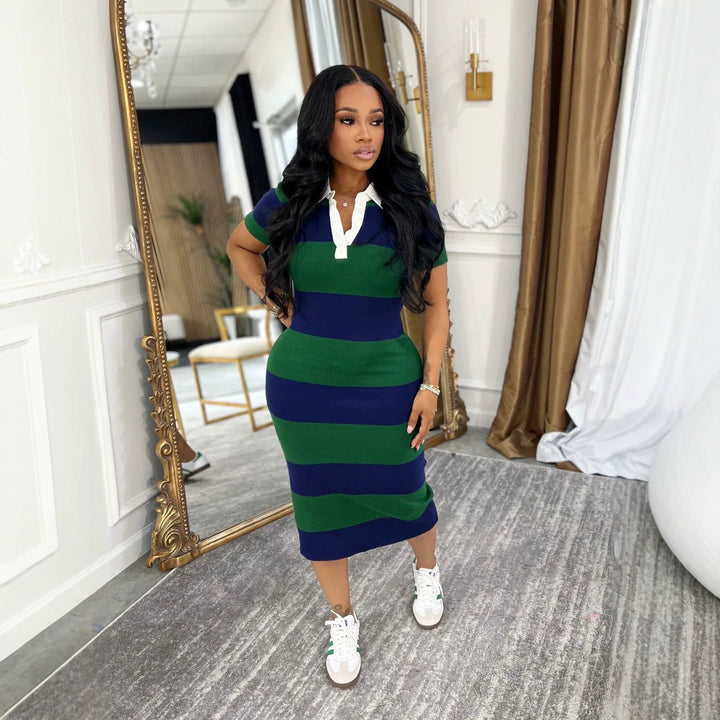 Women’s Color Block Polo Midi Dress – Slim Fit Split Casual Dress