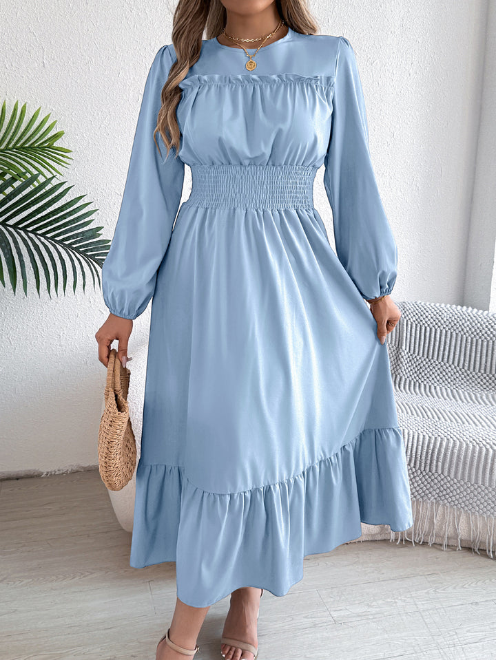 Elegant Smocked Waist Ruffle Hem Long Sleeve Midi Dress