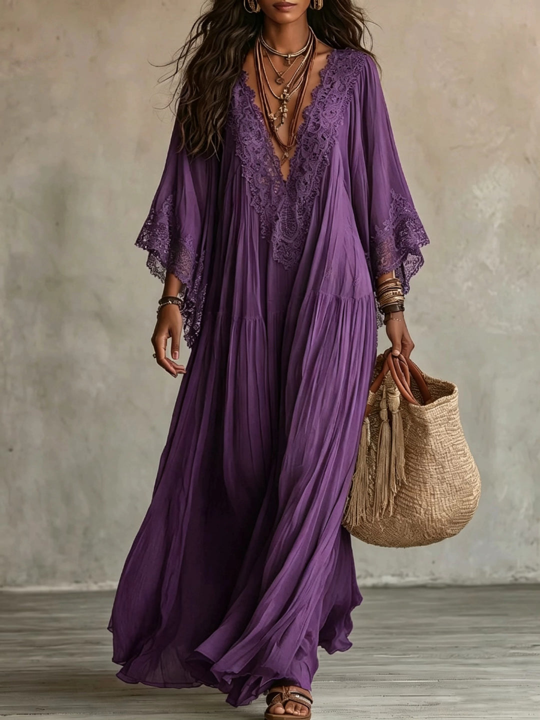 Boho Lace V-Neck Batwing Sleeve Maxi Dress
