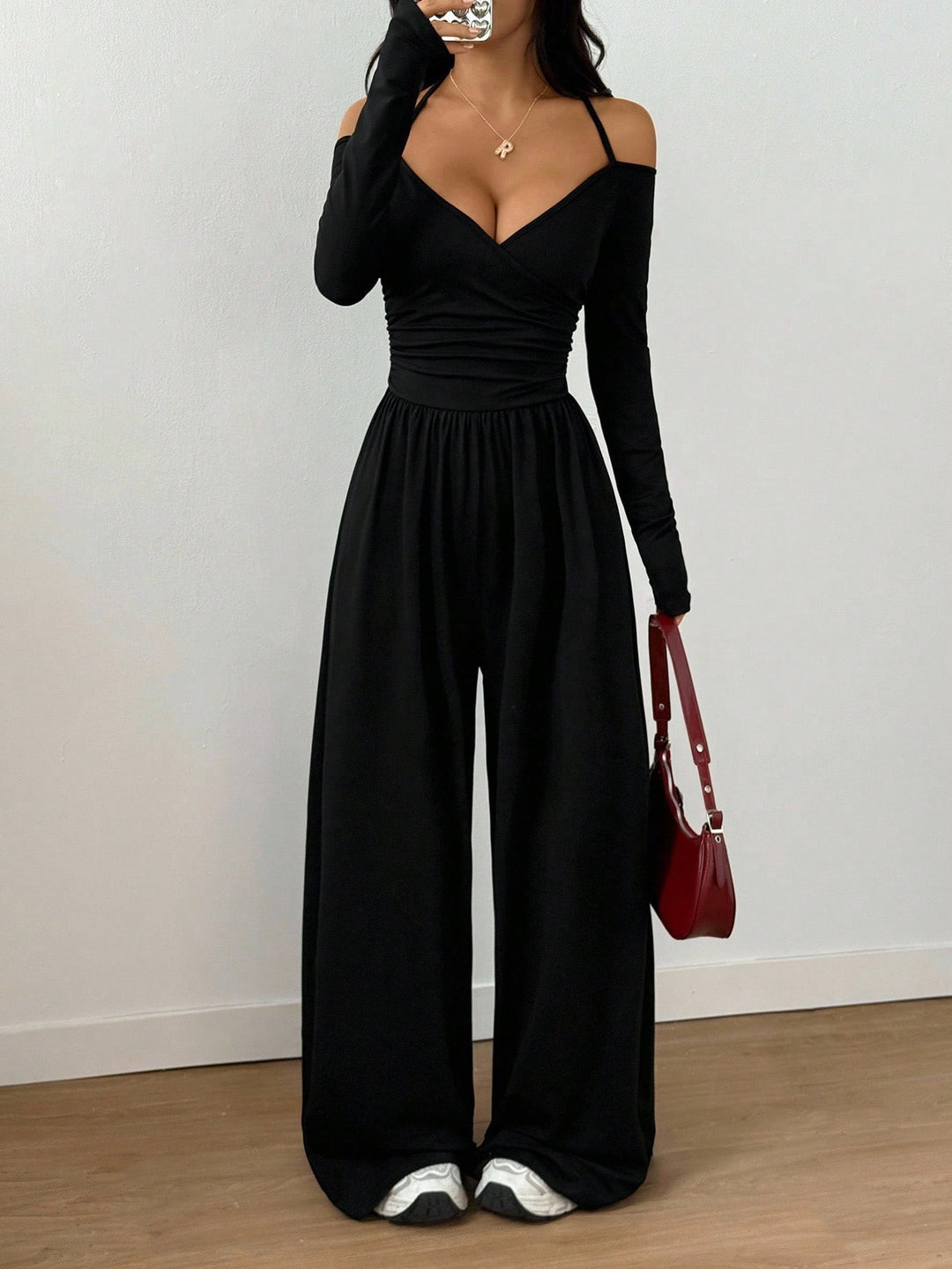 Women’s Off-Shoulder Ruched Wide-Leg Jumpsuit