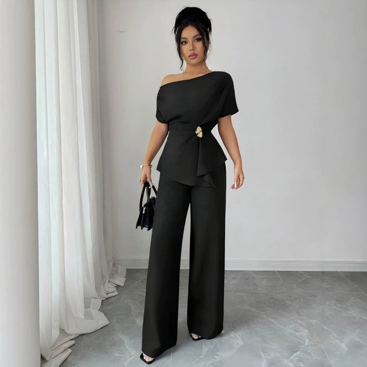 Elegant One-Shoulder Metal Accent Top &amp; Wide-Leg Pants Set