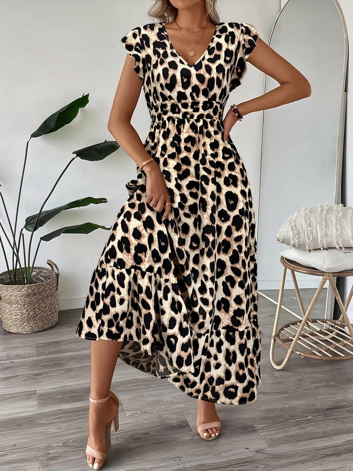 Boho Printed V-Neck Flutter Sleeve Flowy Maxi Dress