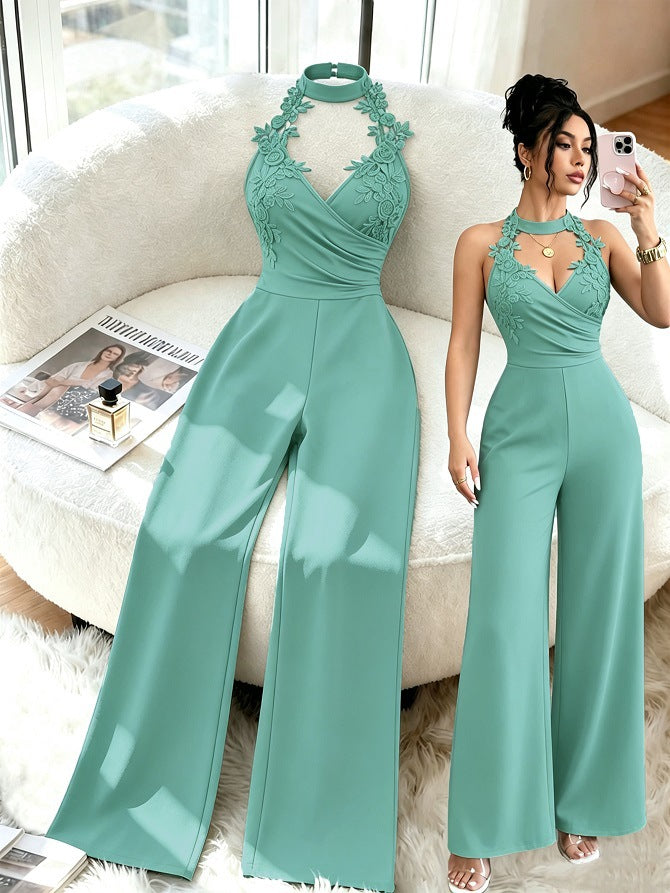 Elegant Lace Halter Deep V Wide-Leg Jumpsuit