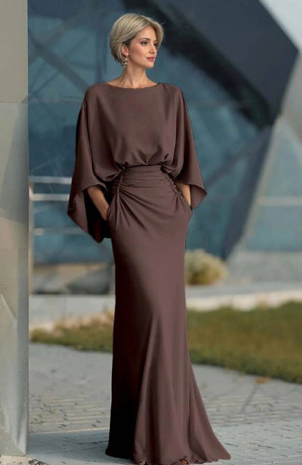 Elegant Backless Ruched Waist Draped Sleeve Maxi Dress