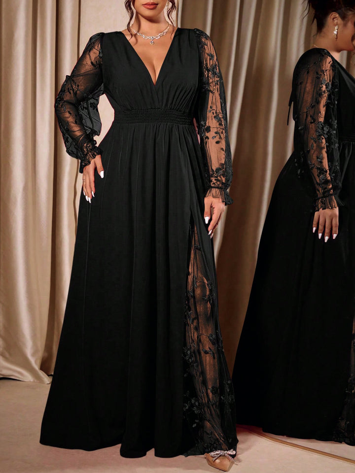 Elegant Deep V-Neck Lace Panel Long Sleeve Evening Maxi Dress