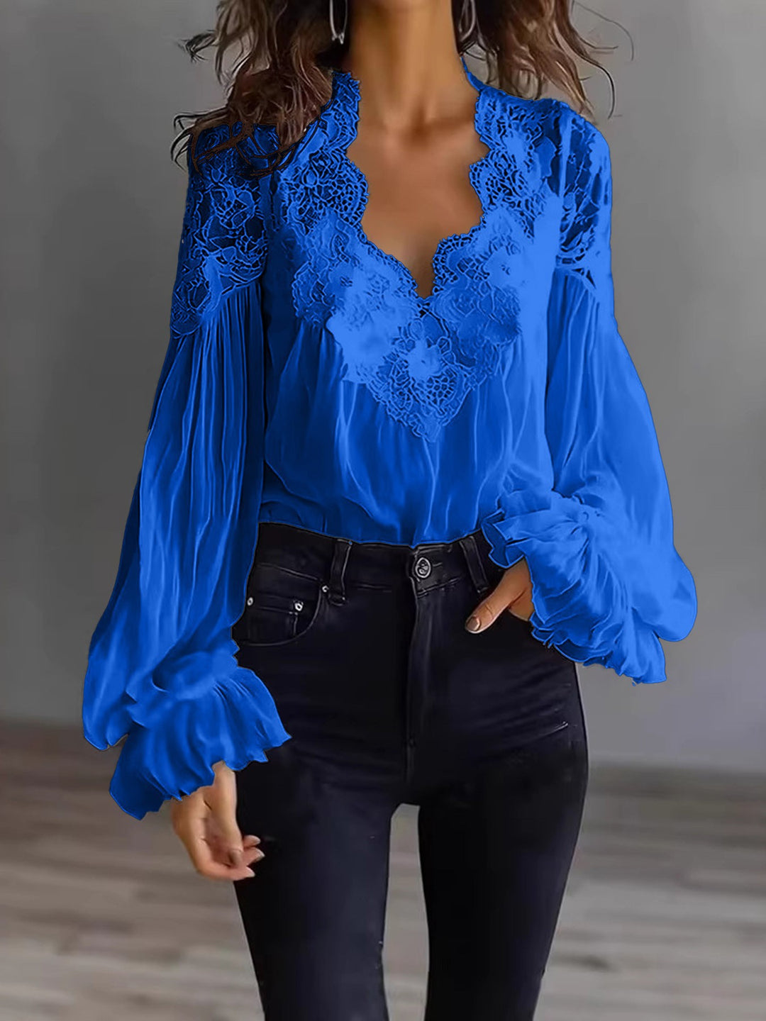 Women’s Lace-Trim Puff Sleeve Pleated Blouse