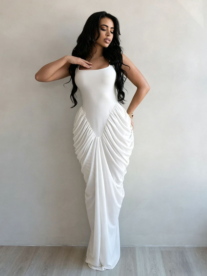 Elegant V-Waist Draped Ruched Chiffon Maxi Dress