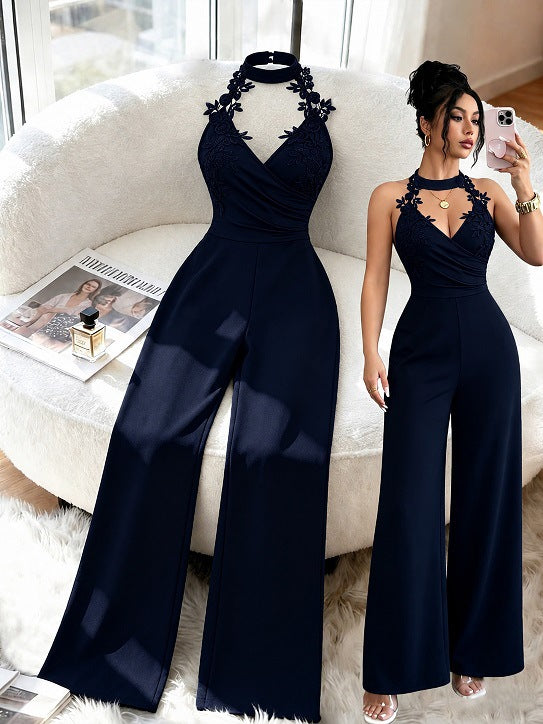 Elegant Lace Halter Deep V Wide-Leg Jumpsuit