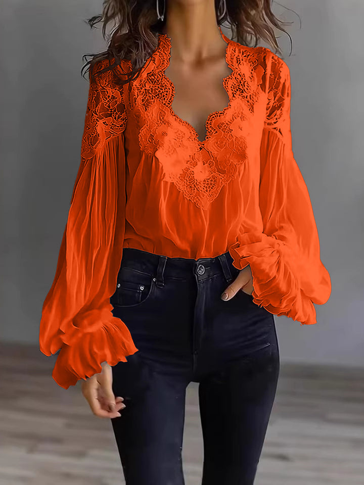 Women’s Lace-Trim Puff Sleeve Pleated Blouse
