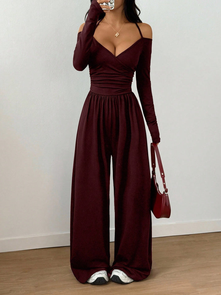 Women’s Off-Shoulder Ruched Wide-Leg Jumpsuit