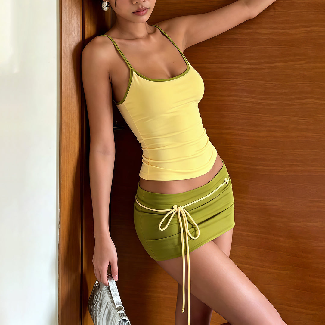 Sweet &amp; Cool Contrast Trim Cami Top &amp; Tie-Up Mini Skirt Set