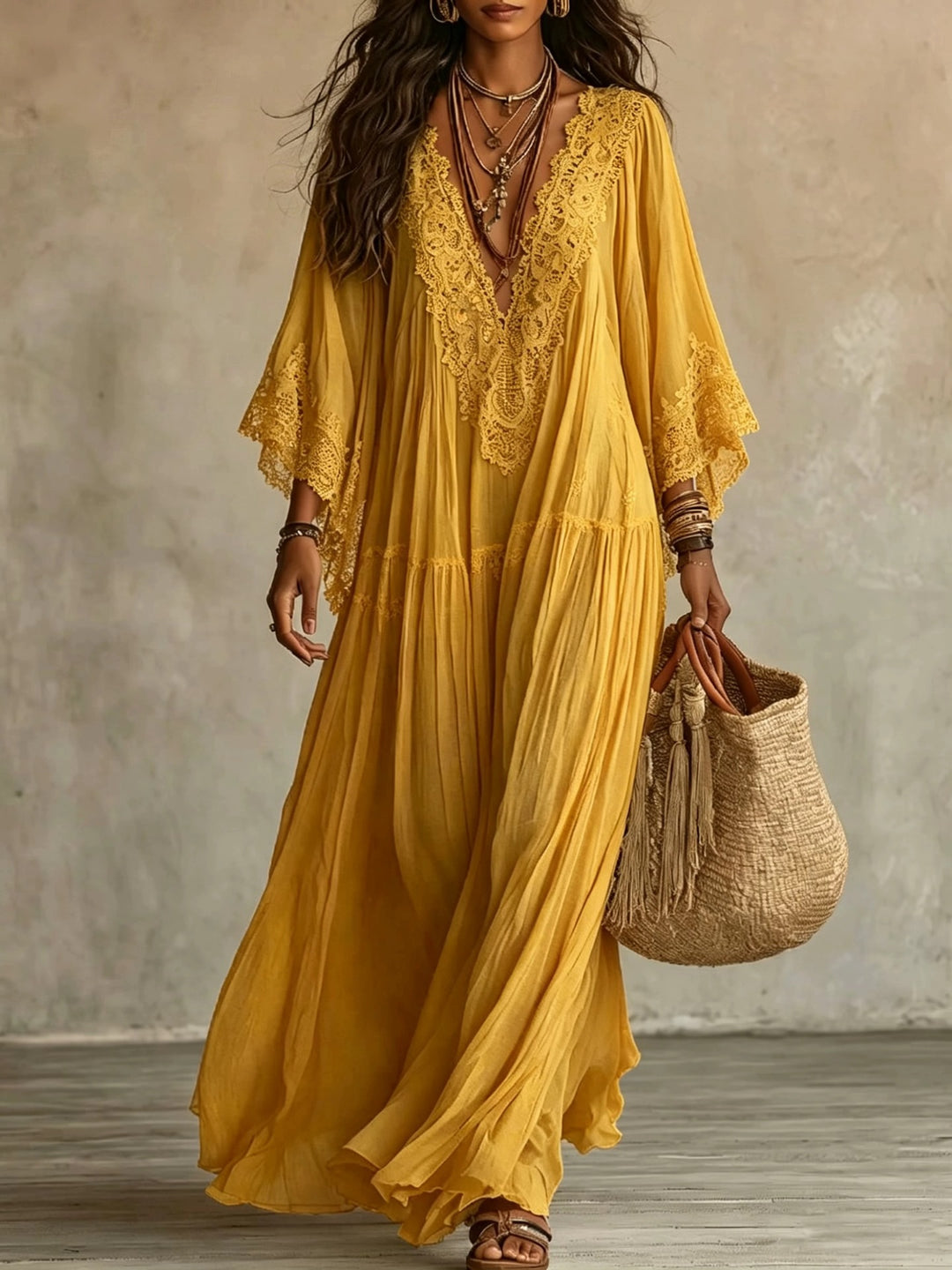 Boho Lace V-Neck Batwing Sleeve Maxi Dress