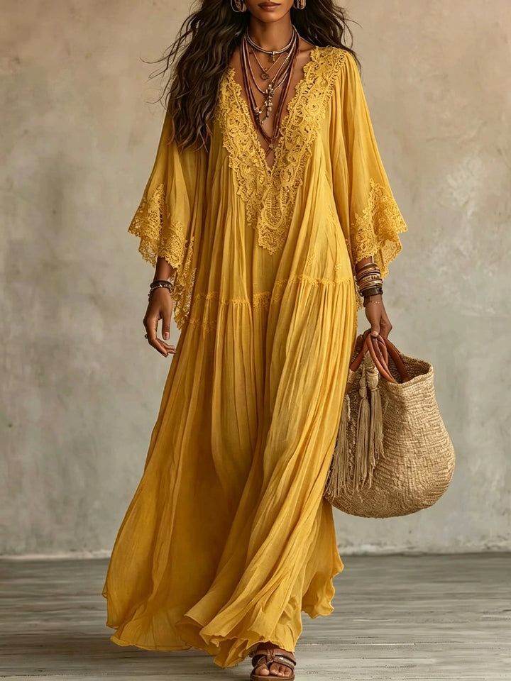 Boho Lace V-Neck Batwing Sleeve Maxi Dress