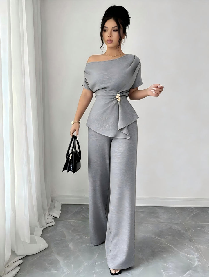 Elegant One-Shoulder Metal Accent Top &amp; Wide-Leg Pants Set