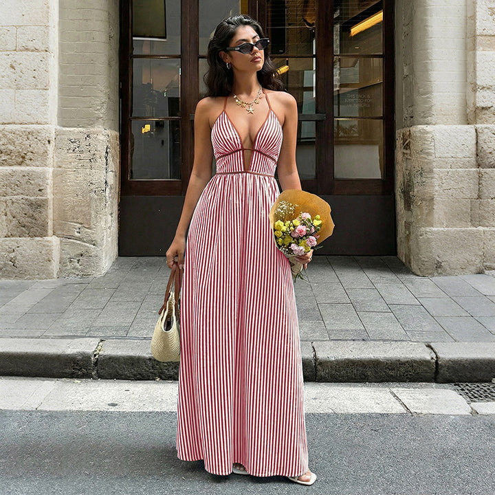 Striped Deep V-Neck Halter Backless Maxi Dress