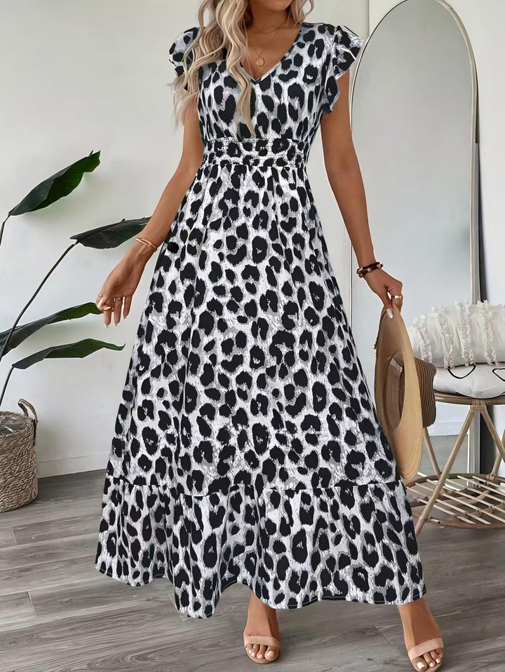 Boho Printed V-Neck Flutter Sleeve Flowy Maxi Dress