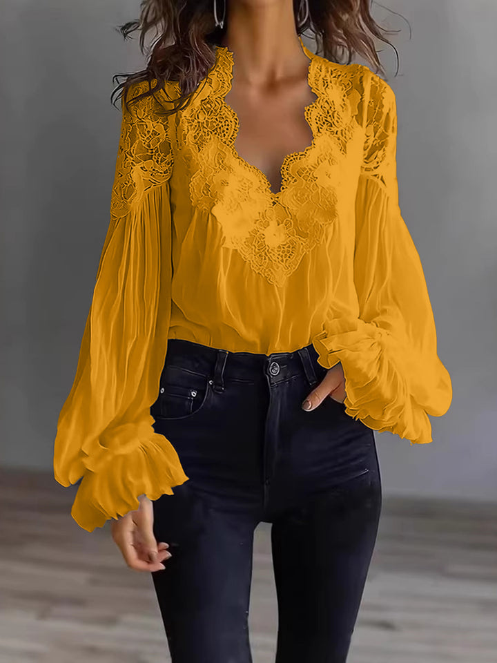 Women’s Lace-Trim Puff Sleeve Pleated Blouse